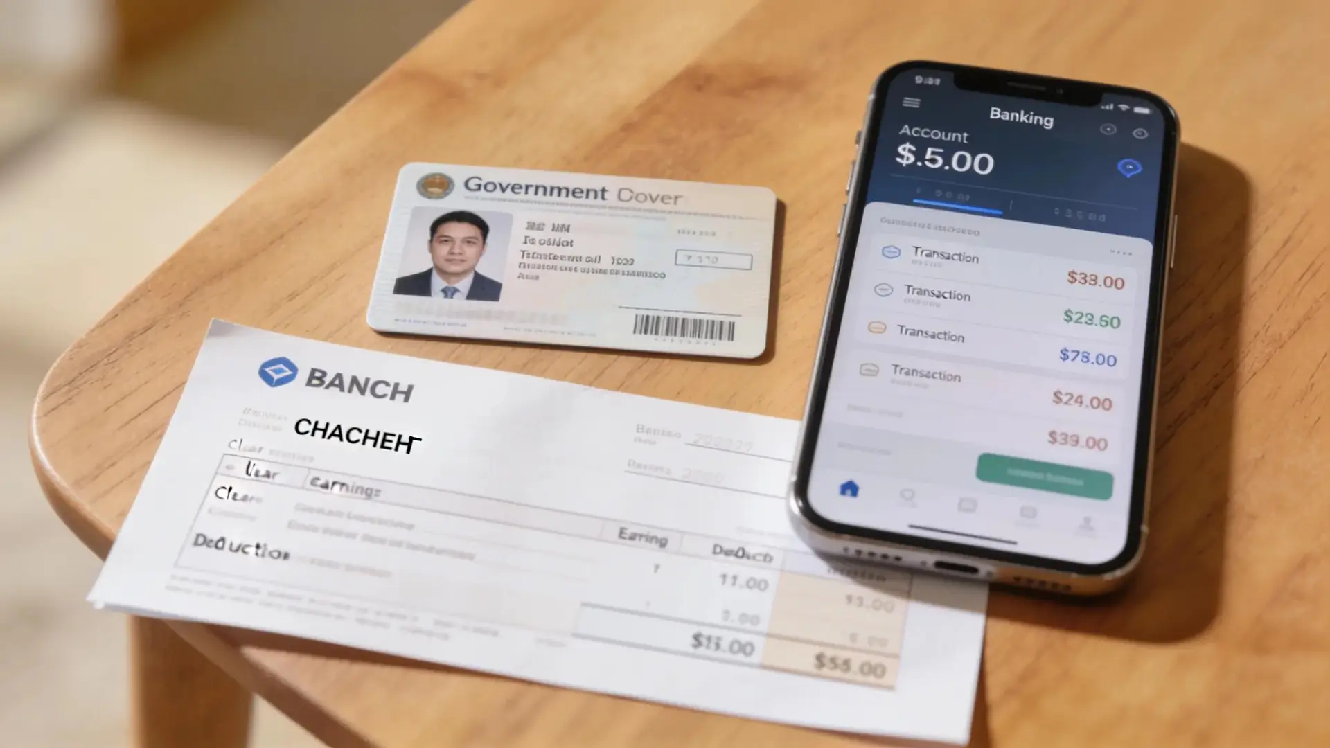 Government ID, check, and smartphone displaying banking app for payday loan application.
