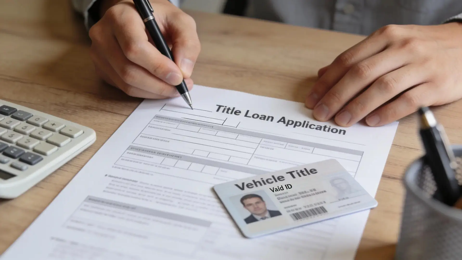 Filling out a title loan application with vehicle title and ID in Midland-Odessa, Texas.