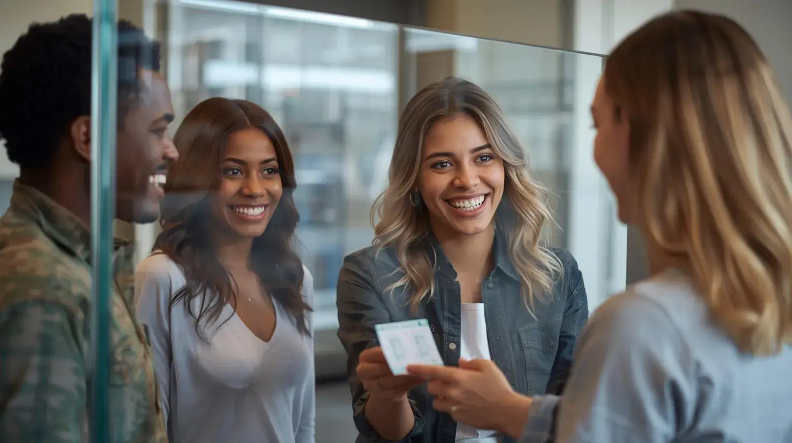 Three smiling people interacting at a reception desk, one holding a card.