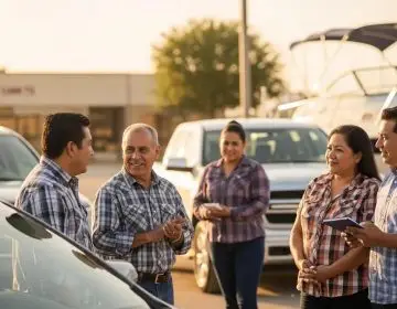 Diverse group discussing title loans and vehicle financing in Midland and Odessa, TX.