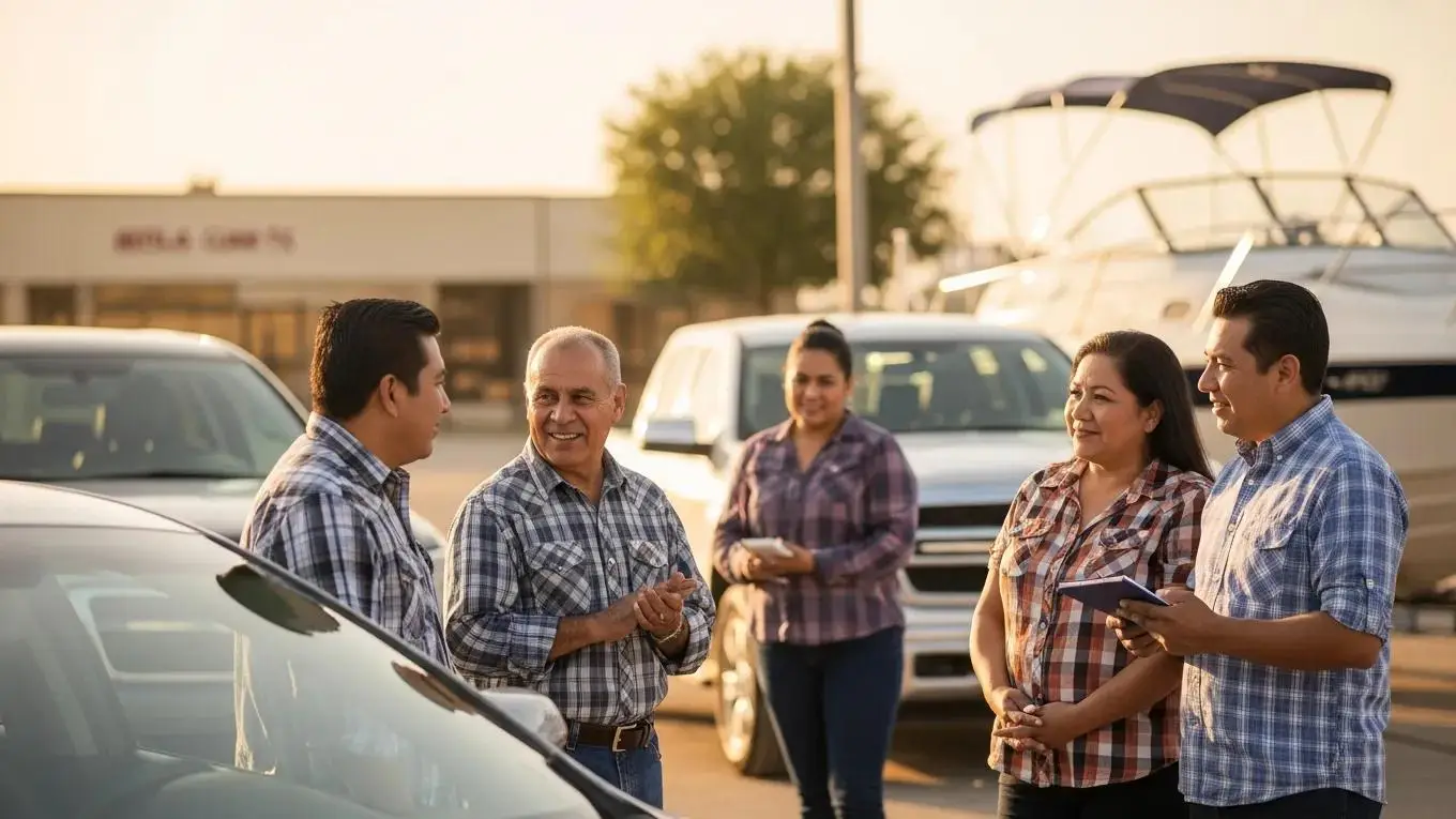 Diverse group discussing title loans with a car, truck, and boat in Midland and Odessa, TX
