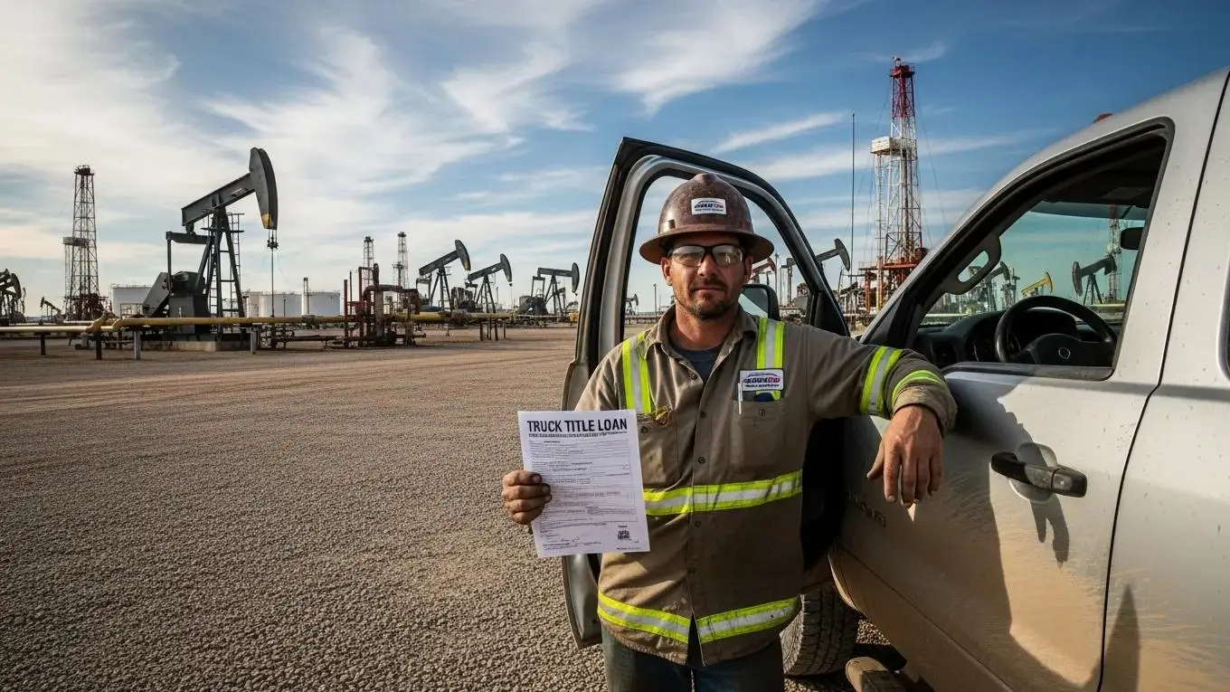 Oilfield worker with truck and title loan document in Midland, TX